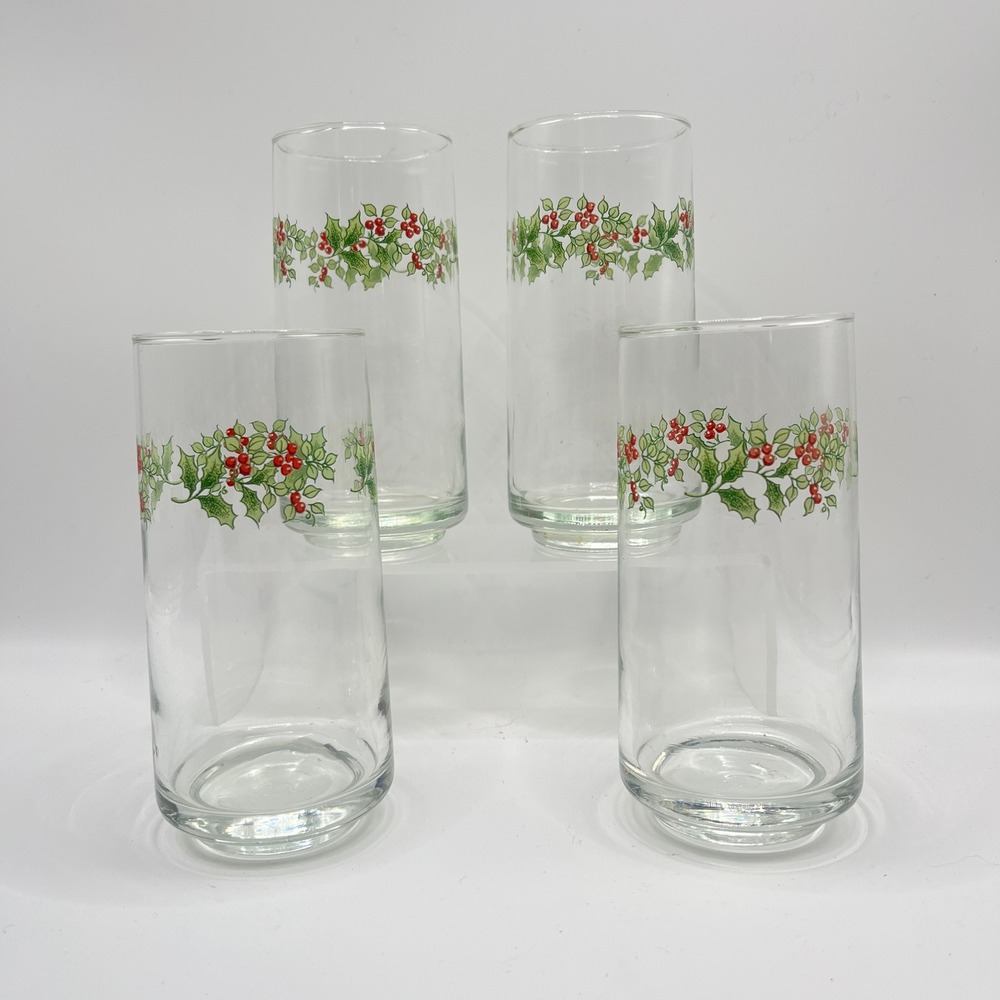 Gibson Christmas Charm Holly Berry Highball Glasses Set of 4 Holiday Tumblers
